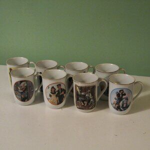 VINTAGE SET Of 8 Norman Rockwell Museum Coffee Mug Cups White Gold Trim 1982